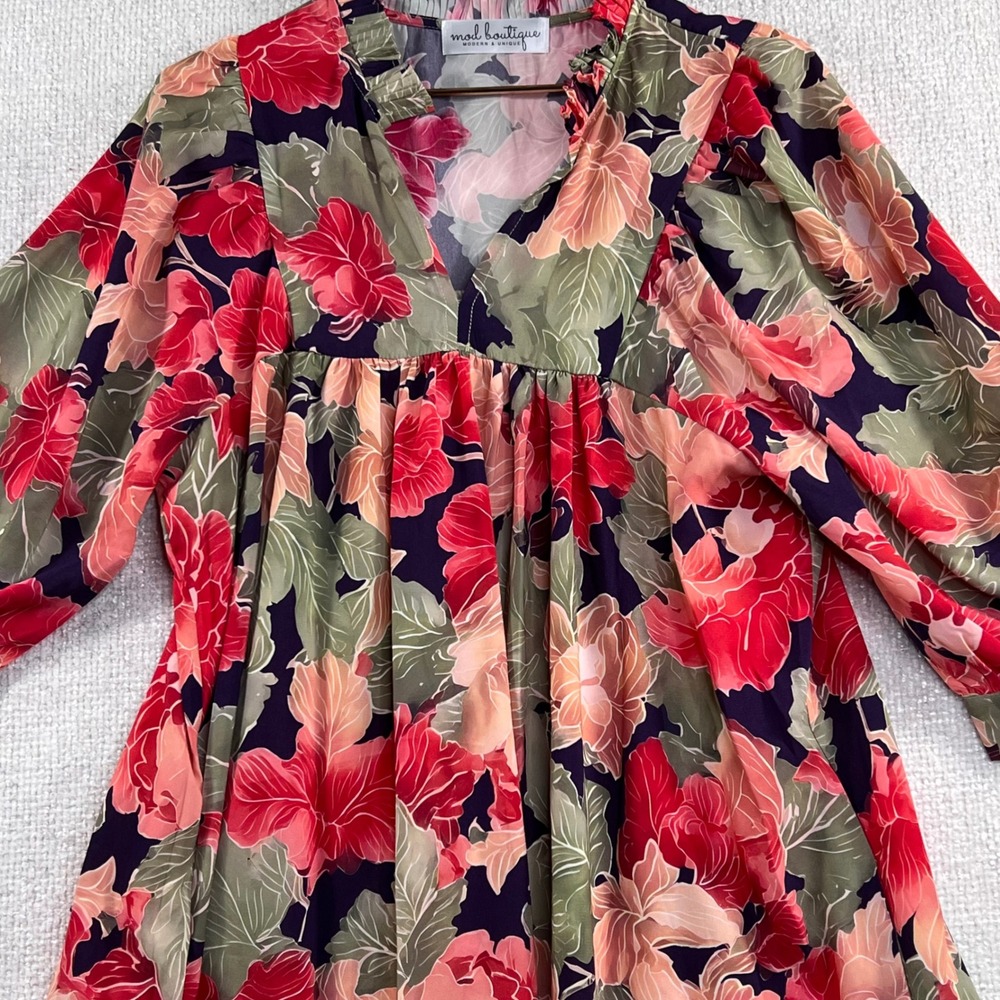 Floral Boho Midi Dress Empire Waist V-Neck 3/4 Sleeve Romantic Cottagecore M - Picture 2 of 10